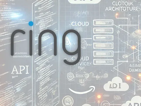 Abstract digital artwork featuring the word 'ring' overlaid on a complex technical diagram of an API platform, including cloud architecture, data flow, and service connections. Represents the Ring.com Order API Platform project.