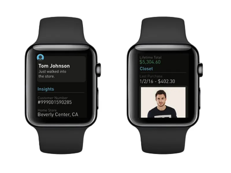 Two Apple Watch screens showcasing the True Religion Clienteling app. The first screen displays a customer profile, including their recent store visit, customer number, and home store location. The second screen shows the customer's lifetime total spending, recent purchase history, and an image of a previously bought product.