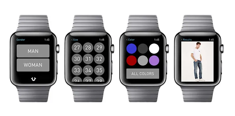 Four Apple Watch screens displaying the True Religion Endless Aisle shopping experience. The interface allows users to select gender, size, and color before browsing results, with a final screen showing a selected product—a pair of jeans.