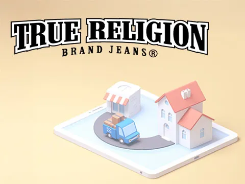 True Religion Brand Jeans logo above a 3D illustration of an e-commerce shipping process. The image depicts a tablet screen with a miniature store, delivery truck, and house, symbolizing the Ship-from-Store fulfillment model.