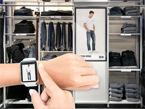 Apple Watch displaying Endless Aisle retail app interface with iBeacon integration
